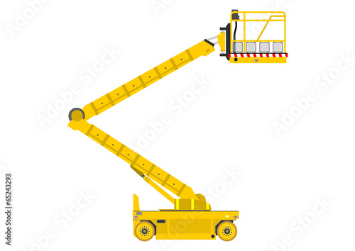 Yellow self propelled scissor lift in working position. Flat vector.