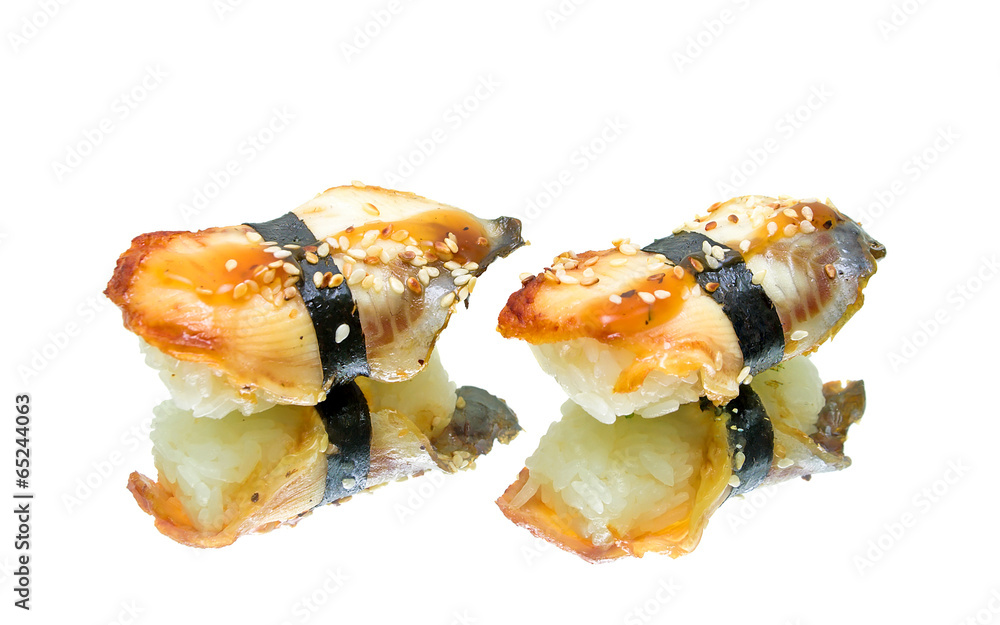 smoked eel sushi on white background with reflection smoked eel sushi on white background with reflection