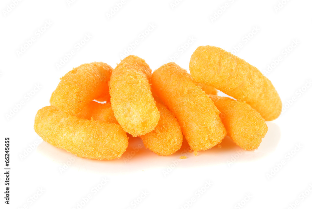 Cheese puff snack on a white background Cheese puff snack on a white background