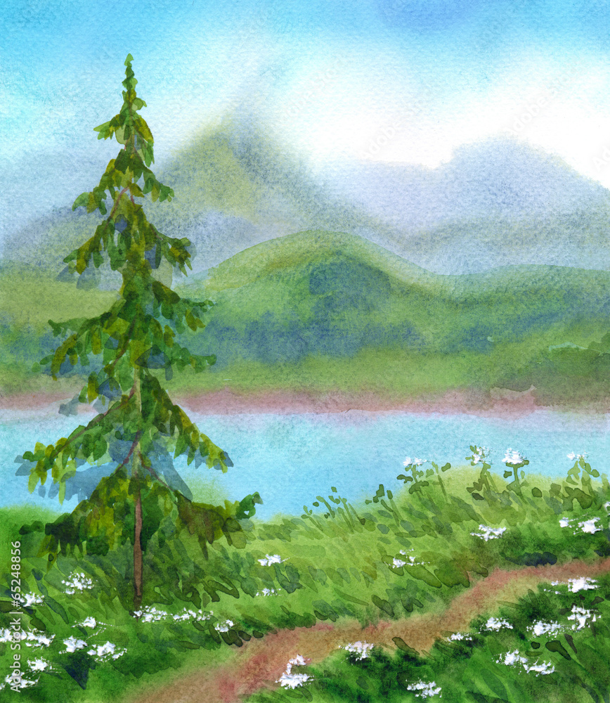 Naklejka premium Watercolor landscape. Spruce near the trail on a hill