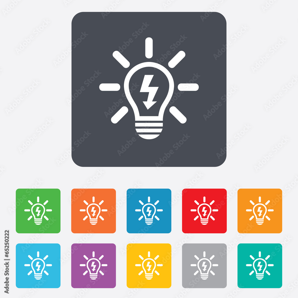 Light lamp sign icon. Bulb with lightning symbol Light lamp sign icon. Bulb with lightning symbol