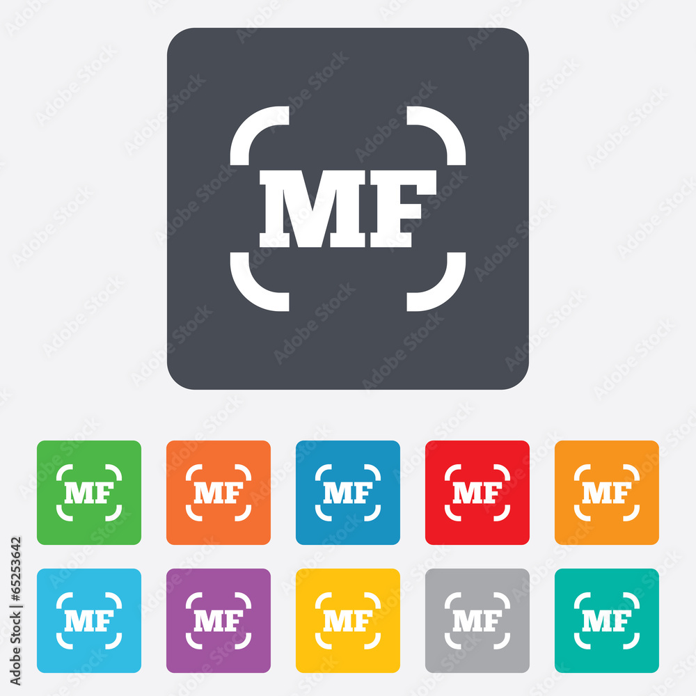 Manual focus photo camera sign icon. MF Settings Manual focus photo camera sign icon. MF Settings