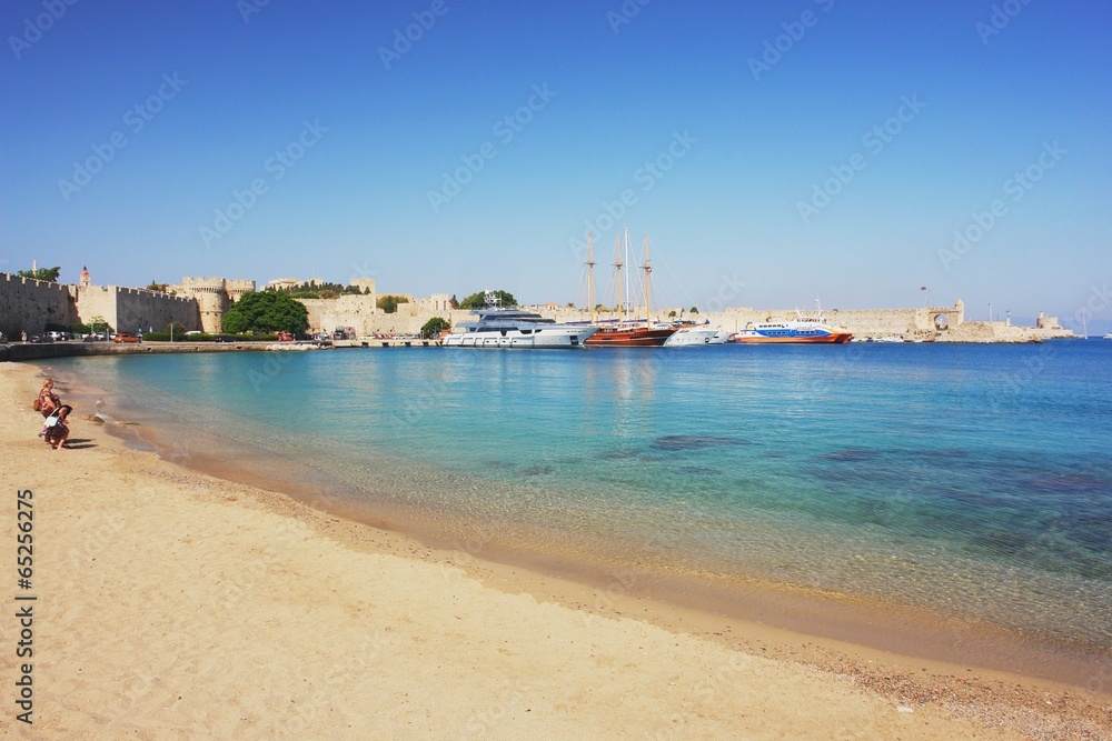 Beach in the historic town of Rhodes, Greece