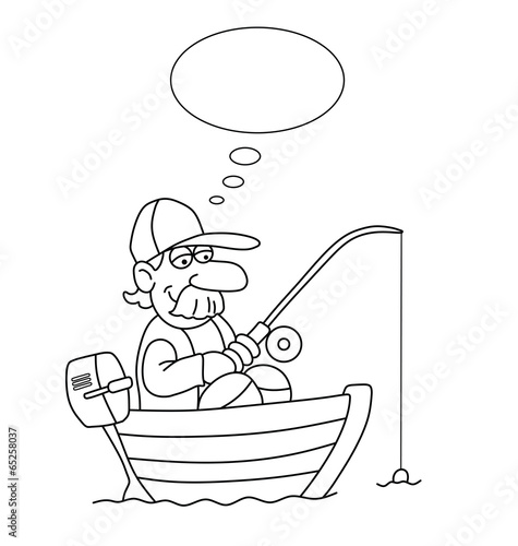 Monochrome outline cartoon fisherman in boat