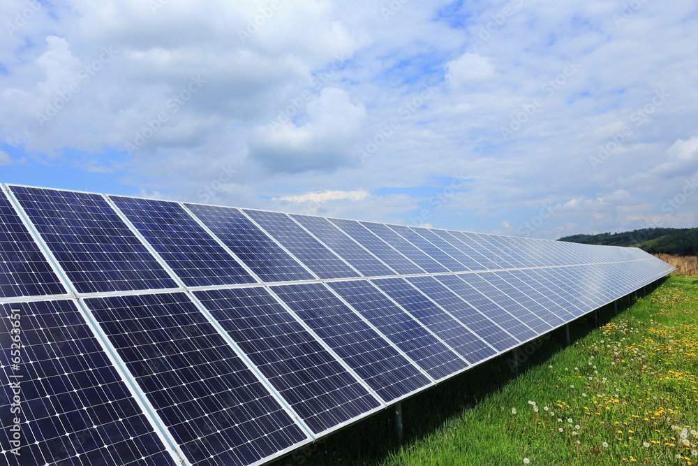 Solar Power Station on the spring flowering Meadow