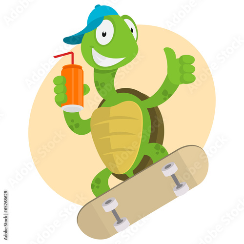 Turtle drinks juice and ride on skateboard
