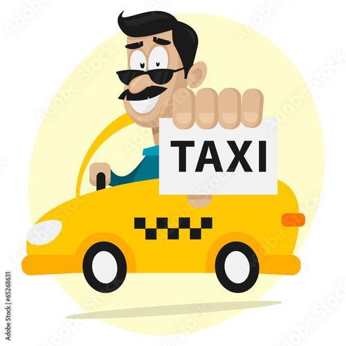 Taxi driver moves by car and smiling