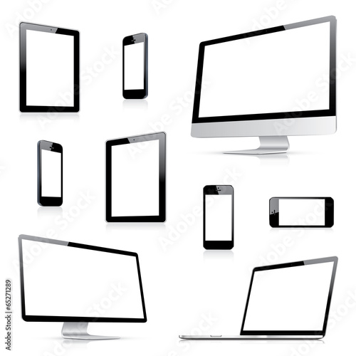 Modern computer, laptop, tablet and smartphone vectors side view