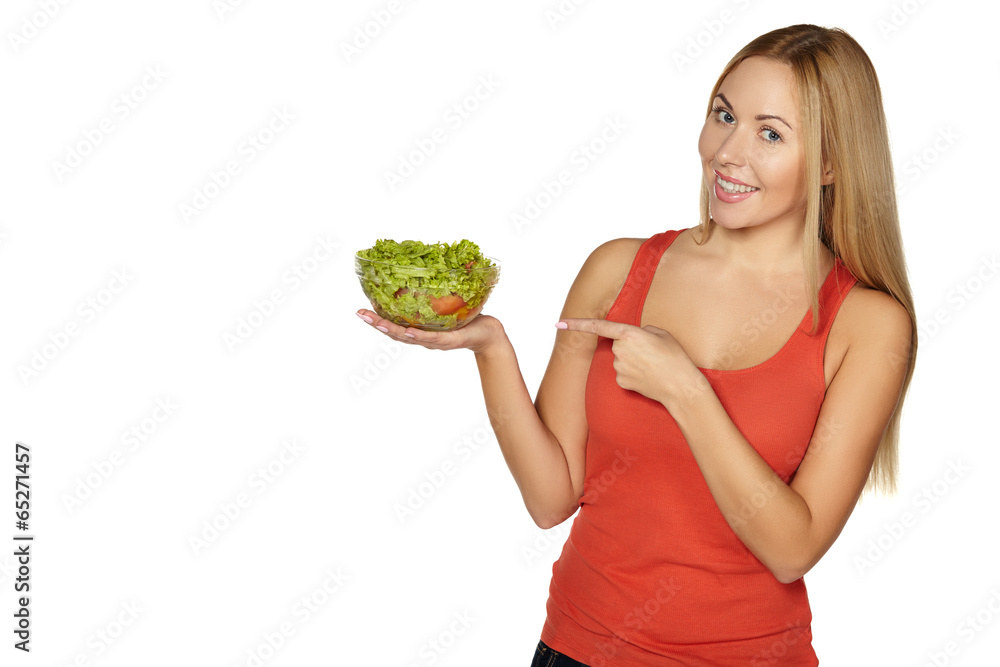 Woman diet concept portrait. Female hold salad. Woman diet concept portrait. Female hold salad.