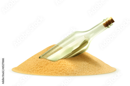 Bottle with a letter in the sand, vector illustration