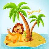 Cartoon lion resting on the island in the summer