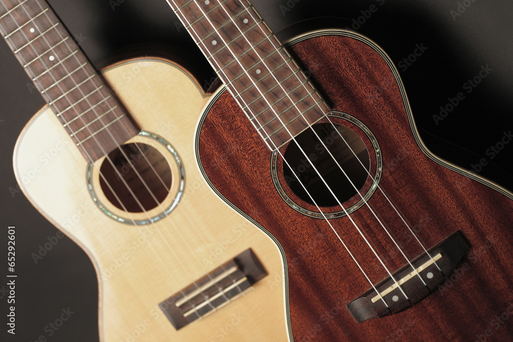 Fototapeta premium two ukuleles focus on the ukulele right