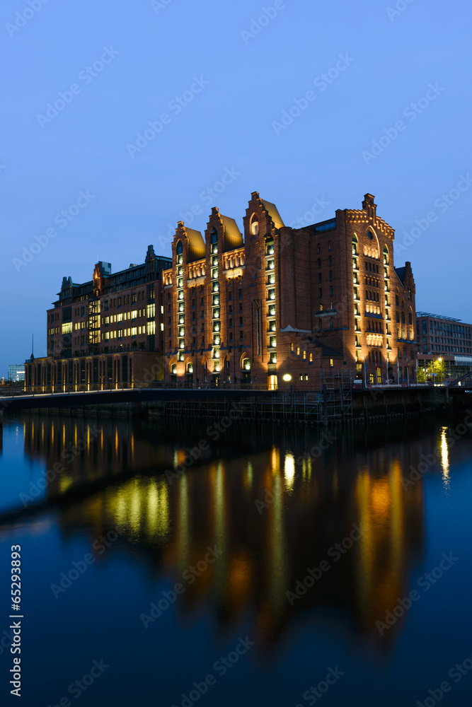 Old building in speicherstadt in Hamburg by night.