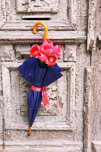 Fototapeta Naklejka Na Ścianę i Meble -  Beautiful tulips in umbrella on old wooden doors
