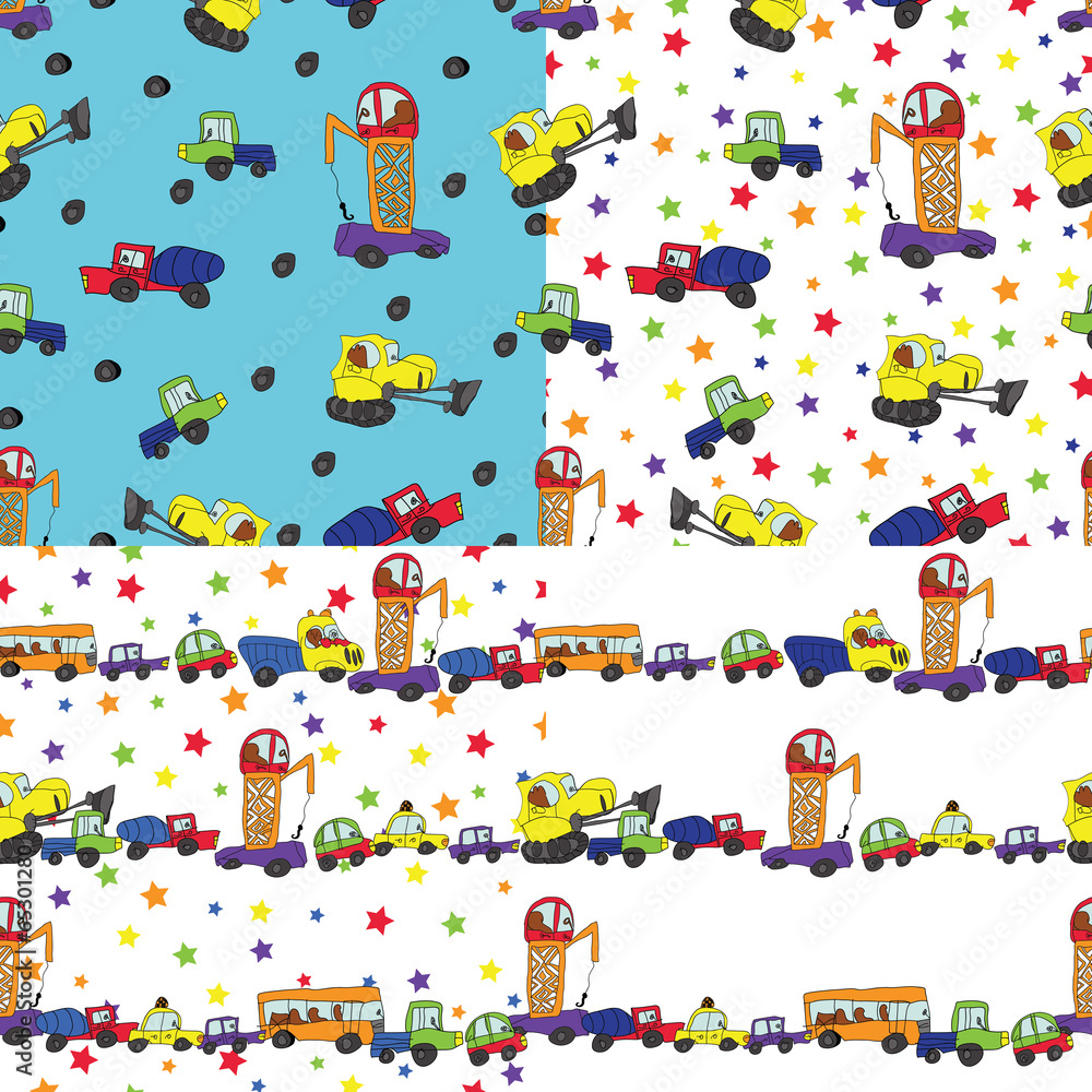 Fototapeta premium Ręka dziecka rysować samochody. Zabawna kreskówka Doodle wzór