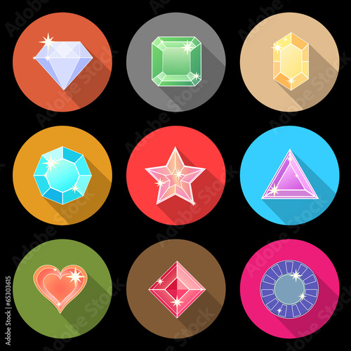 Gem stone cutting flat color icons with long shadow