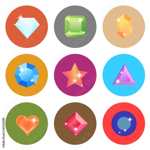 Gem stone flat color icons on white background