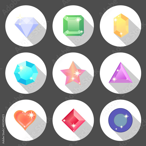 Gem stone flat color icons with long shadow