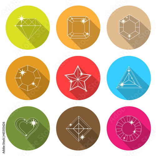 Gem stone cutting flat icons with long shadow