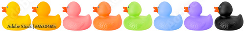 Toy rubber colored ducks isolated on white right side
