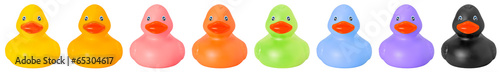 Fotografie Toy rubber colored ducks isolated on white front side