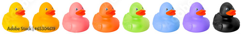 Fotografi Toy rubber colored ducks isolated on white