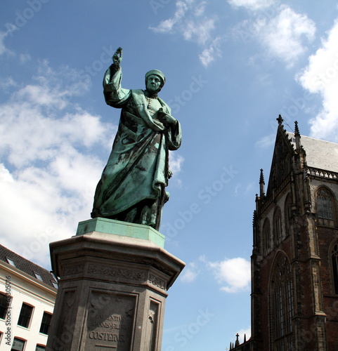 Statue of Mr. Laurens Janszoon Coster and St  Bavo Church