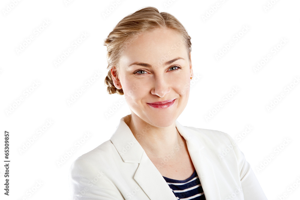 Happy business woman arms folded isolated on white background Happy business woman arms folded isolated on white background