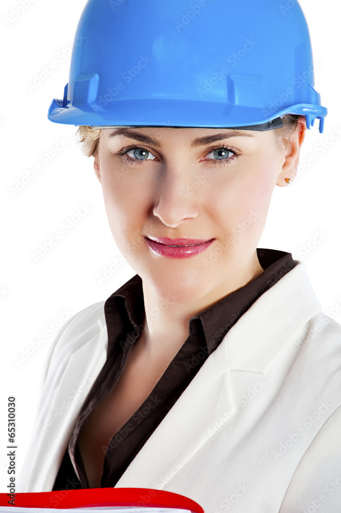 Portrait of confident young female architect standing isolated o Portrait of confident young female architect standing isolated o