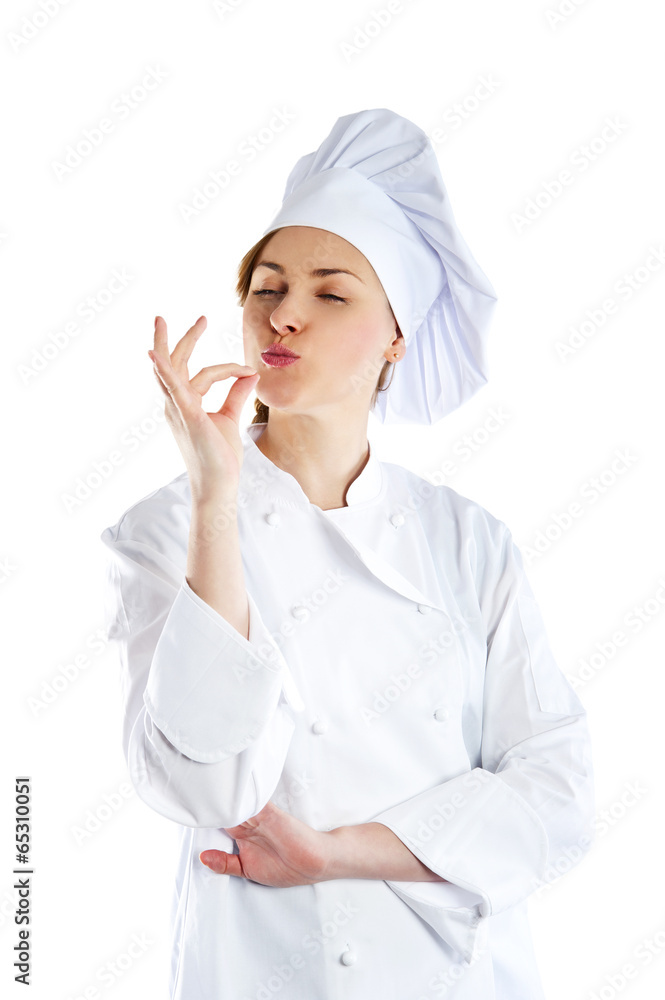 Chef woman giving a Perfect gesture with hand. Young beautiful f Chef woman giving a Perfect gesture with hand. Young beautiful f
