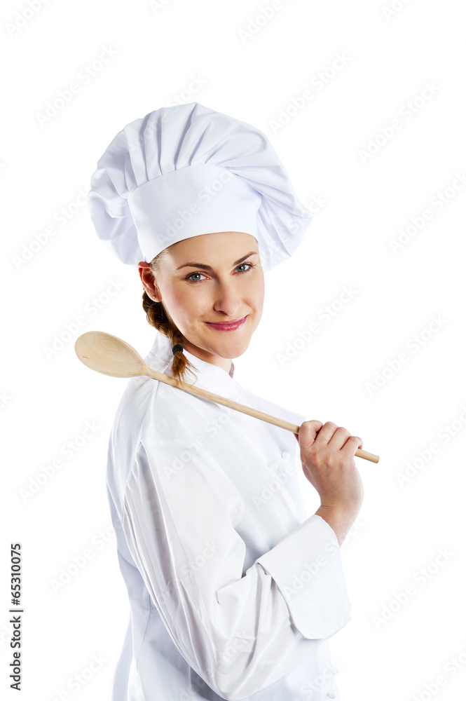 Portrait of young woman chef isolated on white Portrait of young woman chef isolated on white