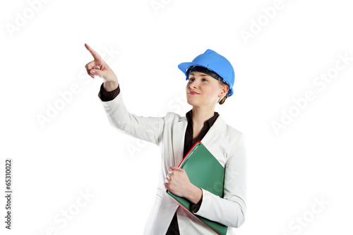 Woman in hardhat pointing finger