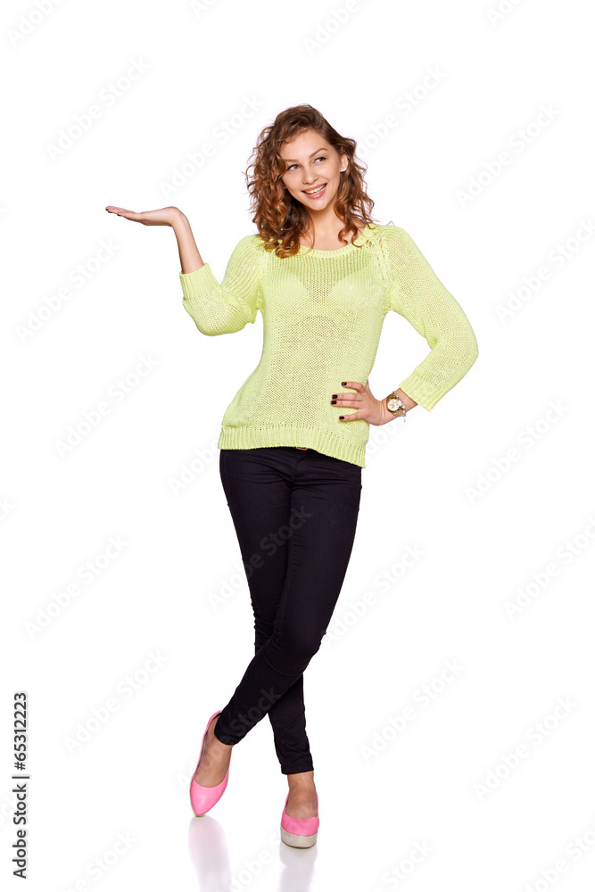 happy smiling woman showing open hand happy smiling woman showing open hand
