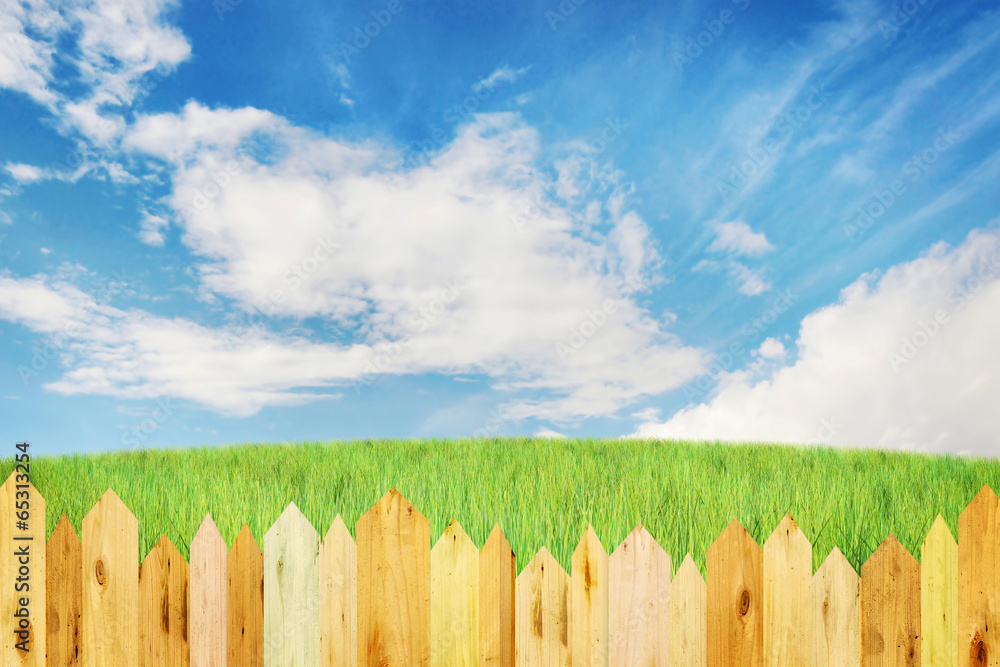 Fototapeta premium Bright summer landscape with wooden fence