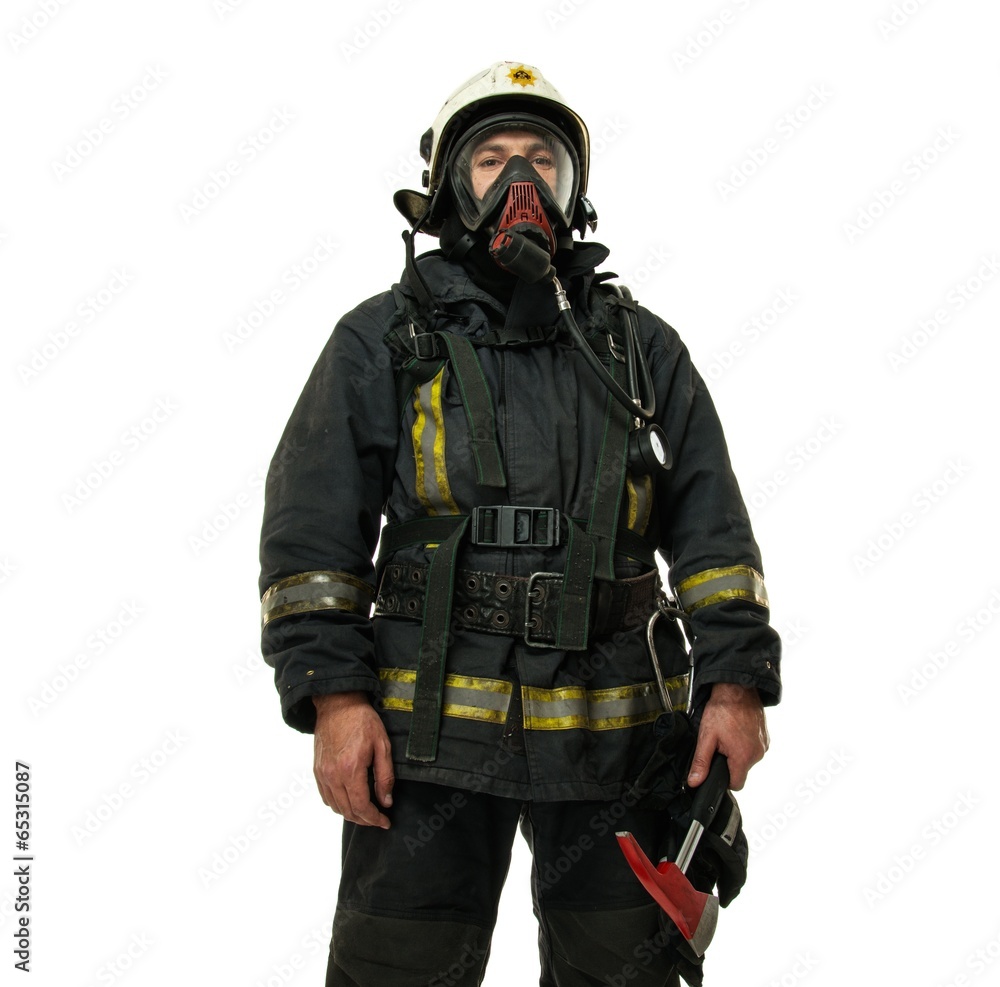 Naklejka premium Firefighter with axe and wearing oxygen mask isolated on white