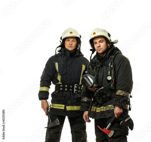 Two firefighter with axes isolated on white