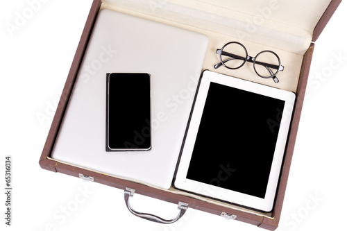 blank tablet, mobile and electronic devices in briefcase