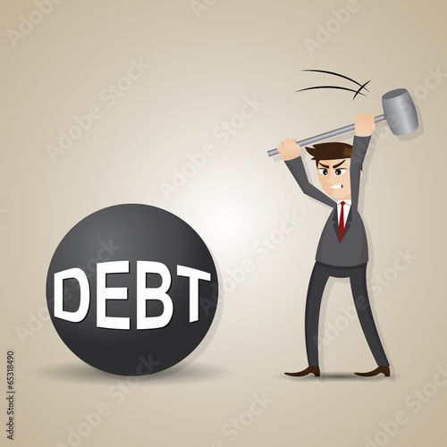 cartoon businessman with steel hammer and debt