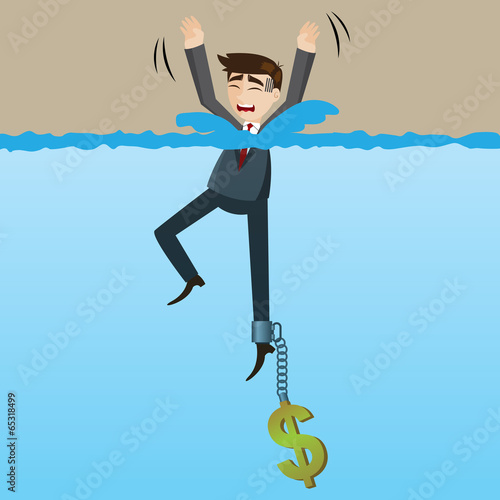 cartoon drowning businessman with money chain on his leg