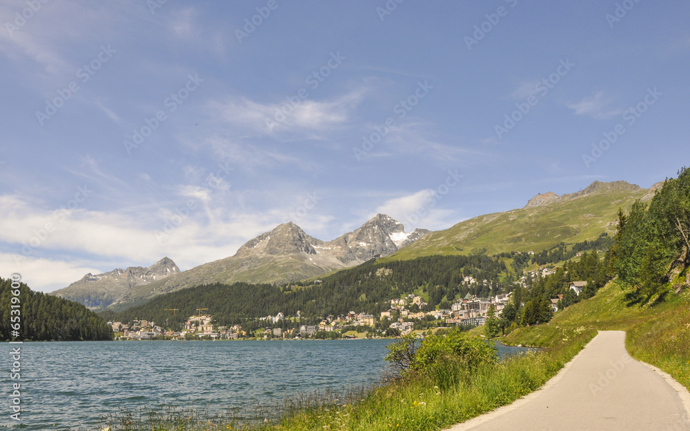 St. Moritz, Dorf, Spazierweg, See, Schweizer Alpen, Graubünden