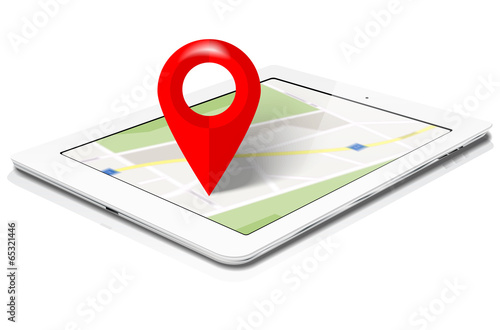 White tablet with abstract map and red marker on screen