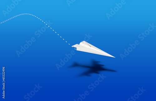 paper plane landing with airliner shade bleu