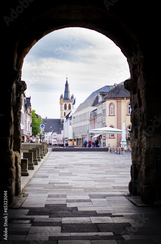 Trier, Germany, view through Porta Nigra to the city center