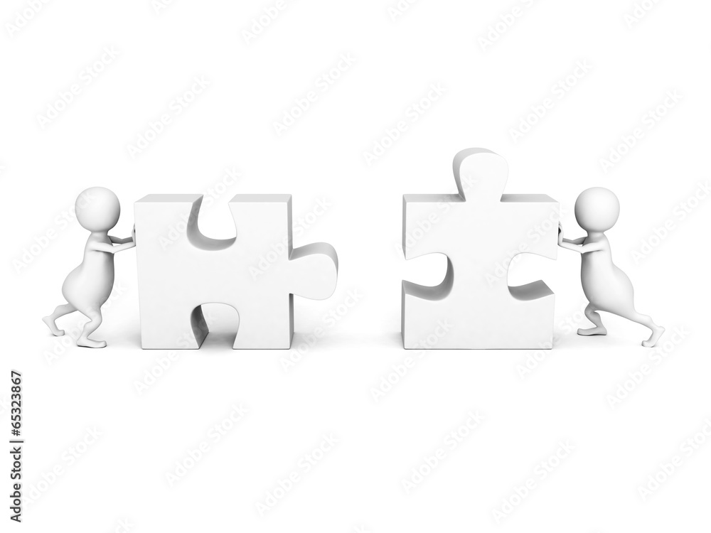 3d people push pieces of puzzle to connect together 3d people push pieces of puzzle to connect together