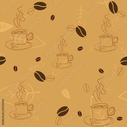 Seamless pattern with coffee beans  cups and leaves