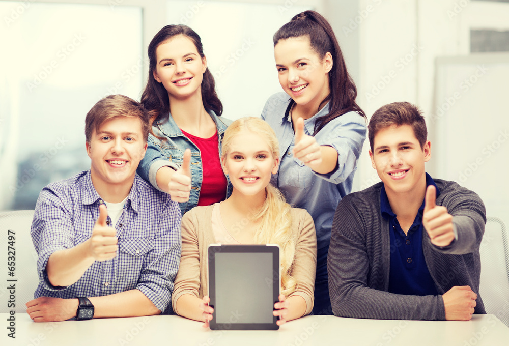 smiling students with blank tablet pc screen smiling students with blank tablet pc screen