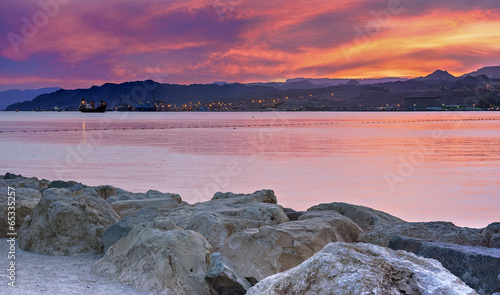 Sunrise at central beach of Eilat - famous resort Israeli city