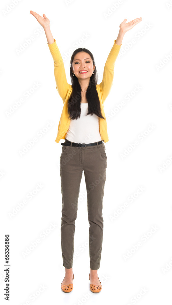 Asian woman receiving something from high