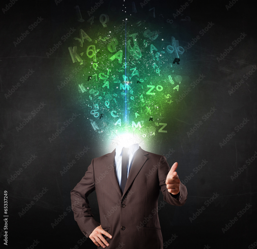 Business man with abstract glowing letters on head Business man with abstract glowing letters on head