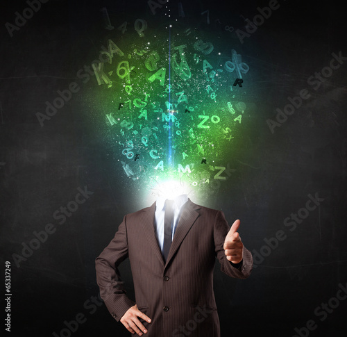 Business man with abstract glowing letters on head